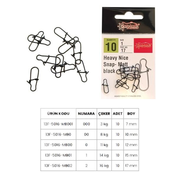Captain 5016 Sahte Balık Klipsi Snap İnox 10'lu Paket Mat Black 000