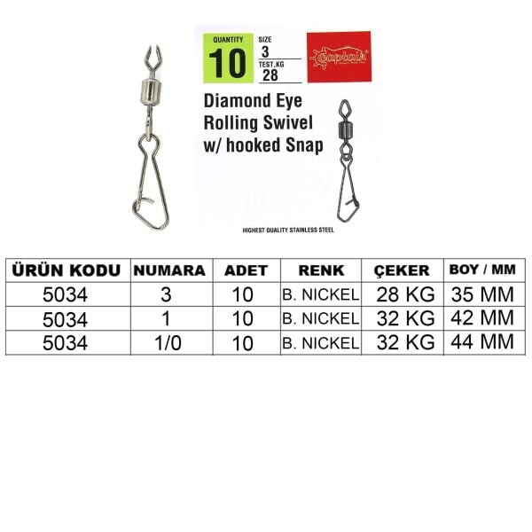 Captain 5034 Diamond Hoked Klips 10lu Paket Black Nikel