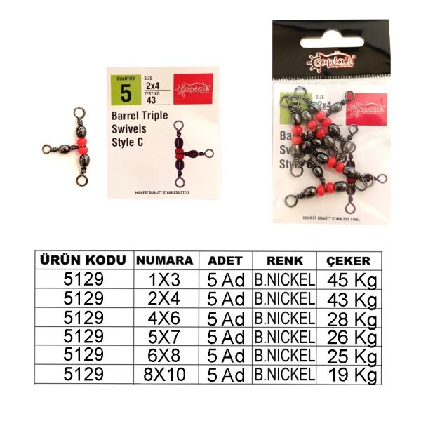 Captain 5129 Üçlü Boncuklu T Fırdöndü 5li Paket Black Nikel 8X10