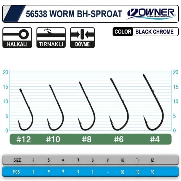 Owner 56538 Worm Bh-Sproat No:6 Black Chrome İğne 9 Adet
