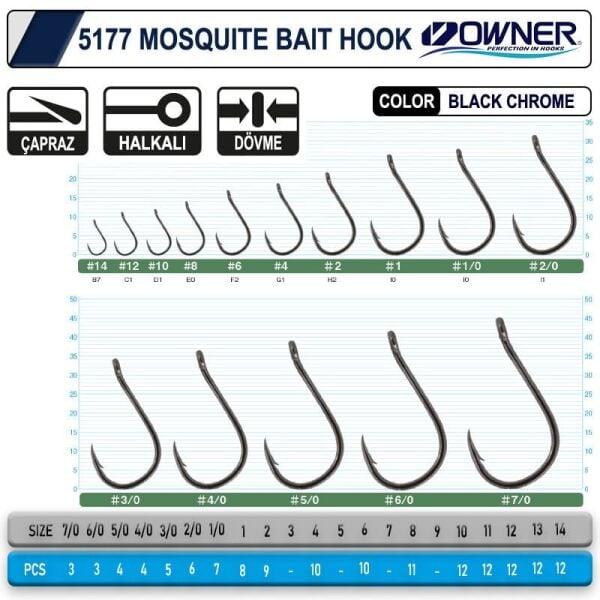Owner 5177 Mosquito Hook No:6 Black Chrome Sinek İğne 10 Adet