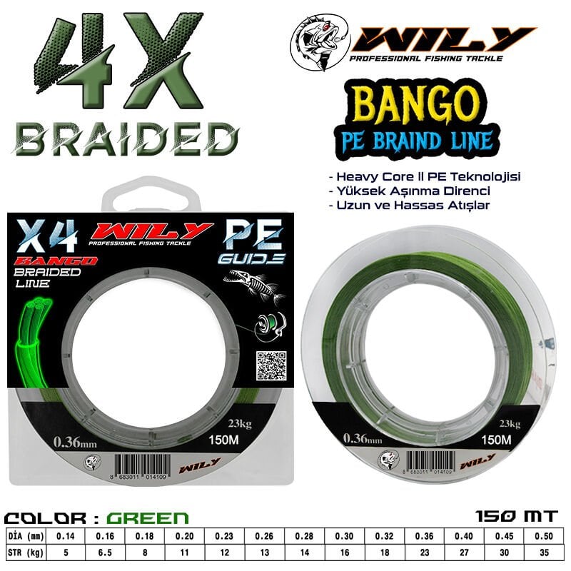 Wily Bango 0.18 mm 150m Yeşil 4 Kat İp Misina 8kg Çeker