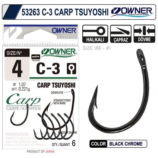 Owner C-3 Carp Tsuyoshi No:2 Black Chrome Sazan İğnesi 5 Adet