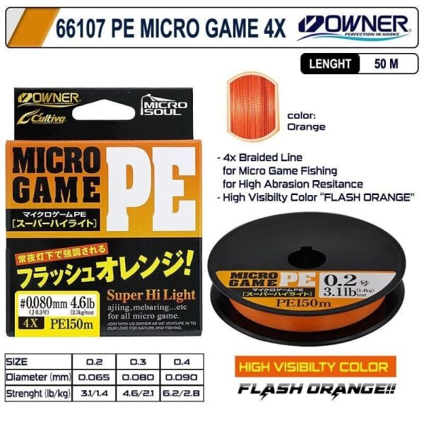 Cultiva 66107 PE Micro Game 4x 0.02mm 150m Flash Orange Aji İpi 1.4kg Çeker
