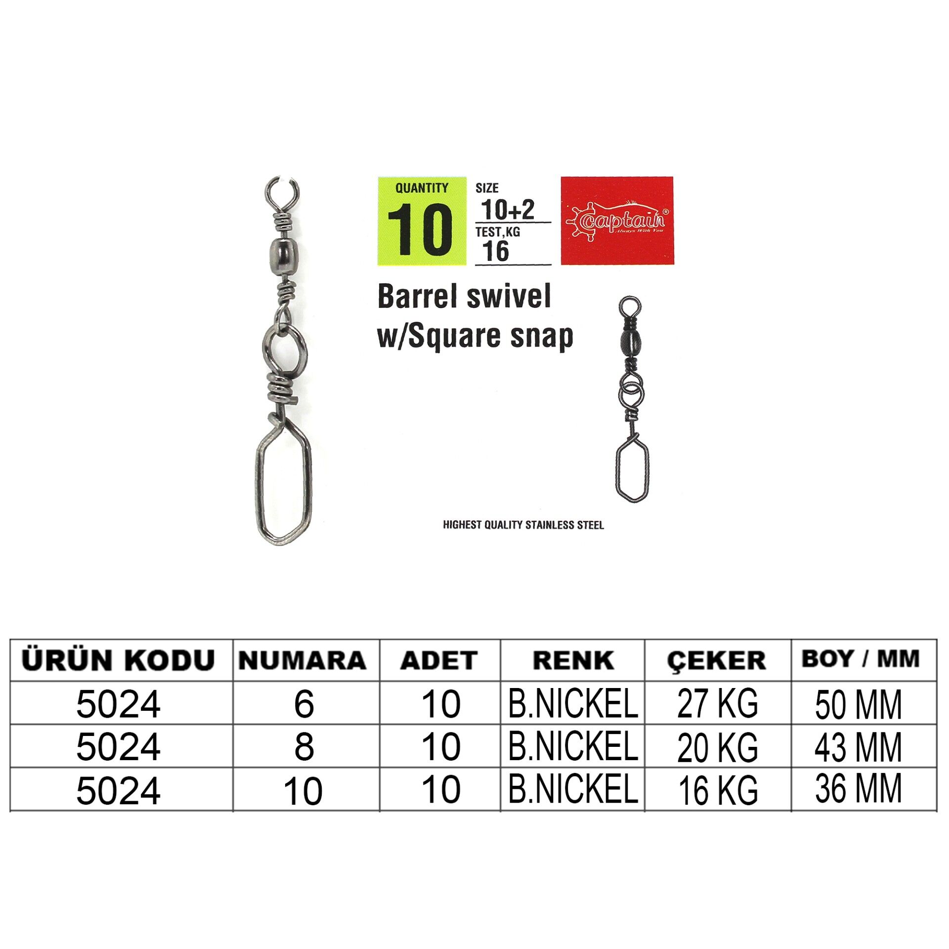 Captain 5024 Square Klips 10'lu Paket Black Nikel 10+2