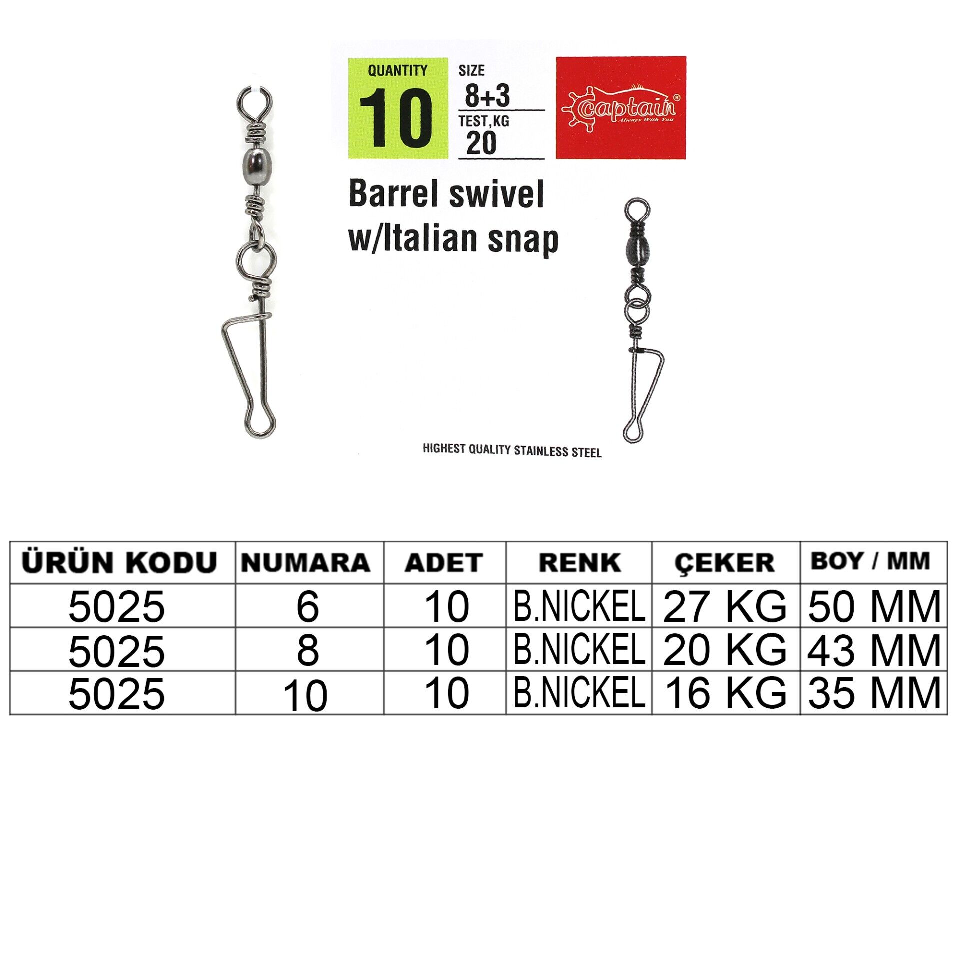 Captain 5025 İtalyan Klips 10'lu Paket Black Nikel 10+2