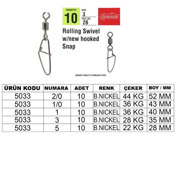 Captain 5033 New Hoked Klips 10'lu Paket Black Nikel 1/0
