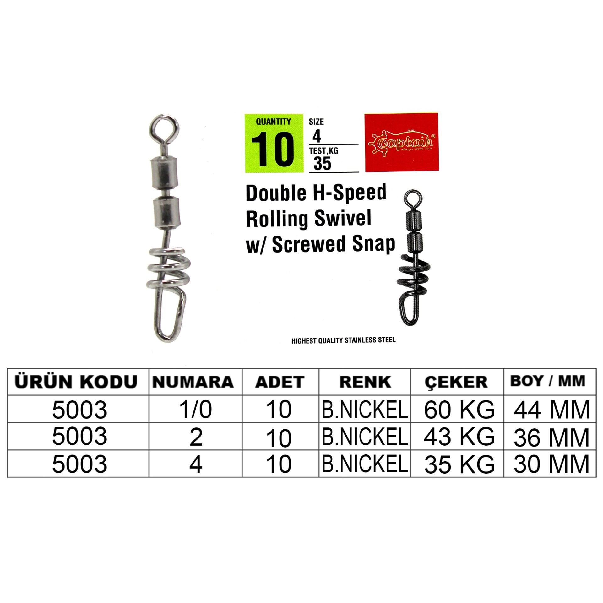 Captain 5003 Double H-Speed Screved Fırdöndü Black Nikel 10lu Paket 1/0