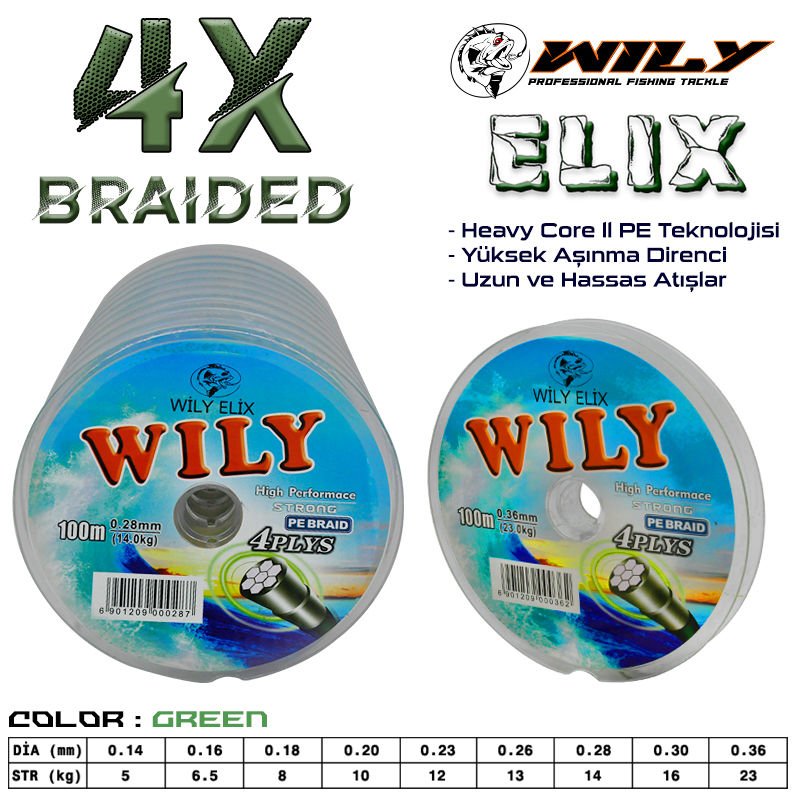 Wily Elix 0.30 mm 100m 4 Kat Yeşil İp Misina 16kg Çeker