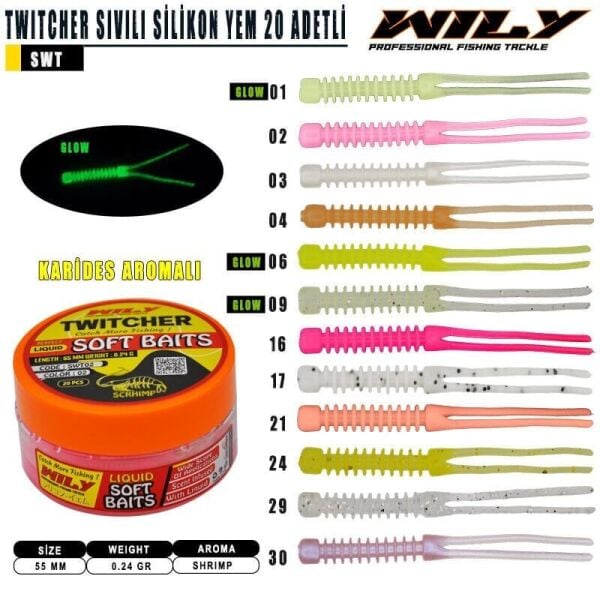 Wily Twitcher Renk:04 5.5cm Karides Aromalı Sıvılı Silikon Yem 20 Adet