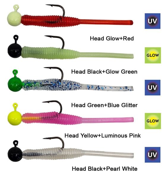 Kendo Hook Worm Jighead+Lrf Silikonu 1gr+4.5cm 5 Adet Head Black+Glow Green